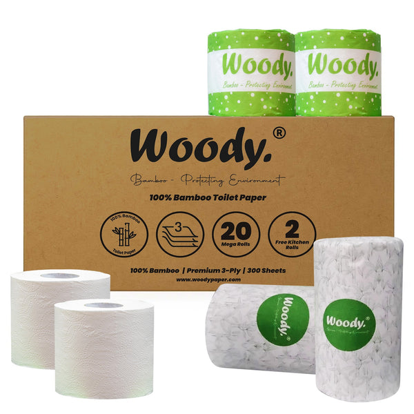 Woody® | 20 Extra Long Premium Bamboo Toilet Rolls (3ply – 300 Sheets)
